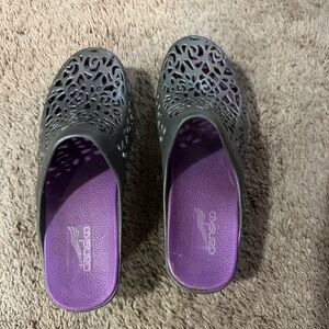 Dansko Gray and Purple Mules with Cutout Design